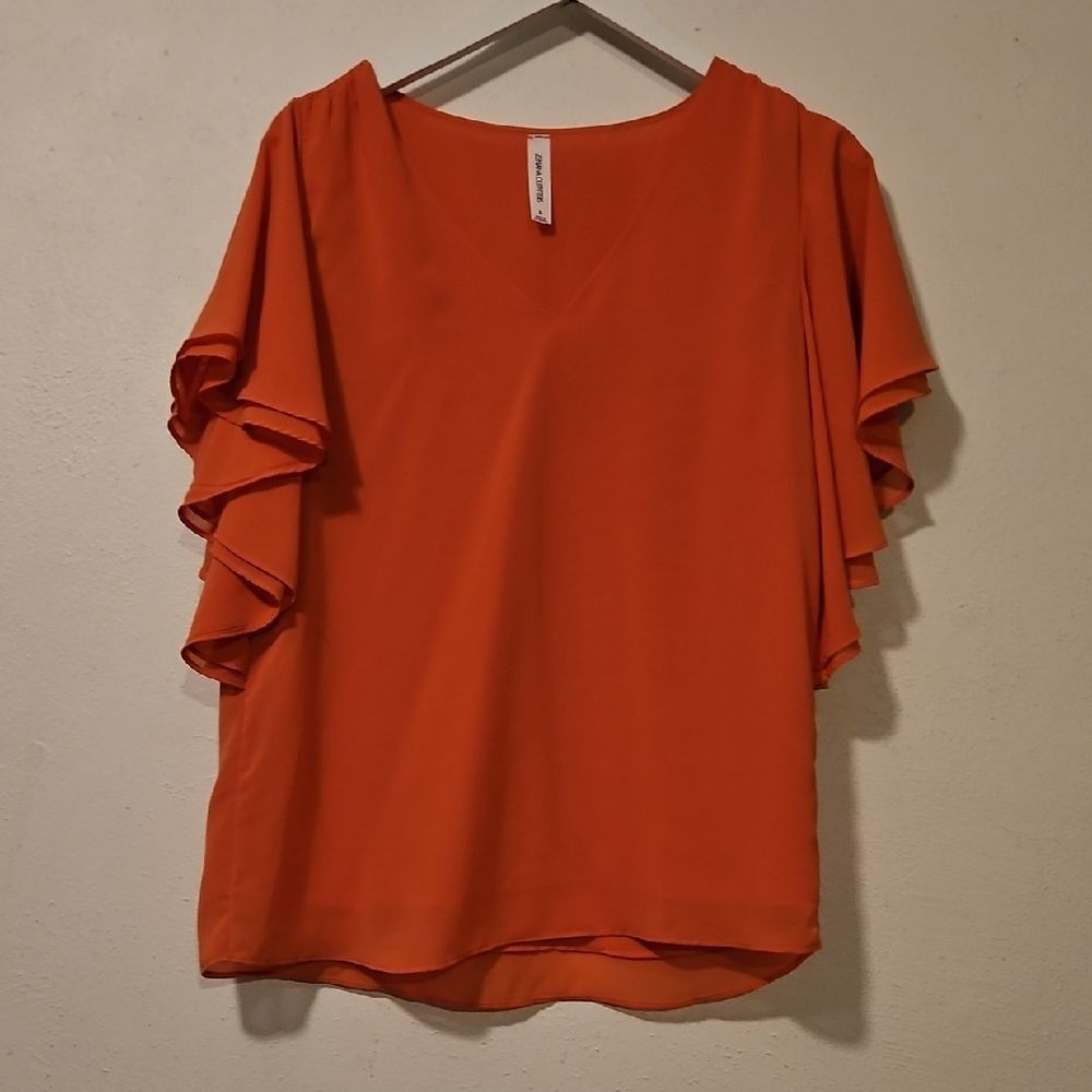 Zenana Outfitters Vibrant Orange Blouse with Ruffle Sleeves